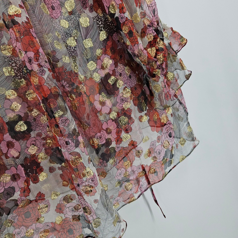 Alexander McQueen Silk Sheer Floral Blouse Maroon Gold Metallic Ruffle Peasant - Picture 11 of 11